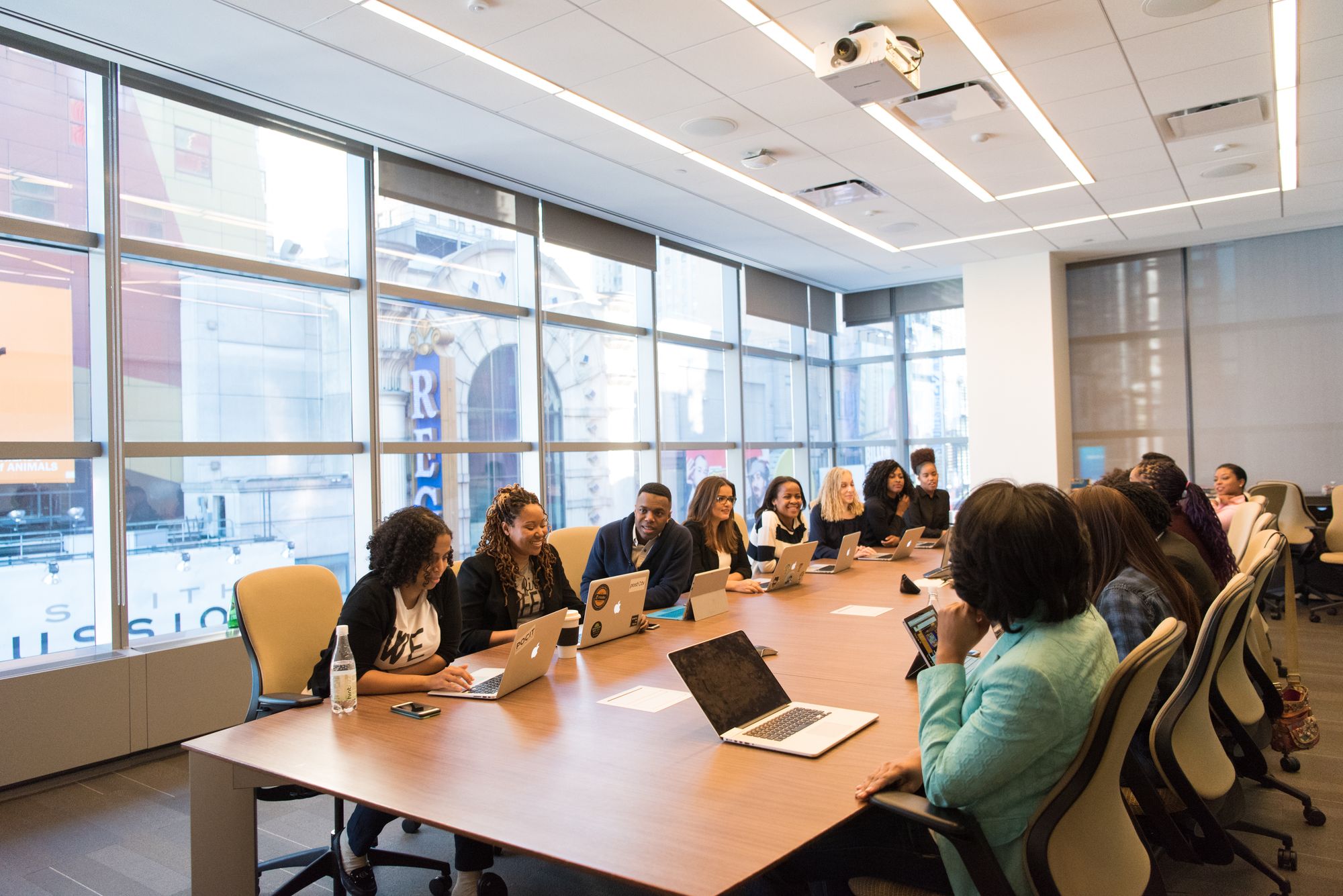 Team meeting in a bright conference room