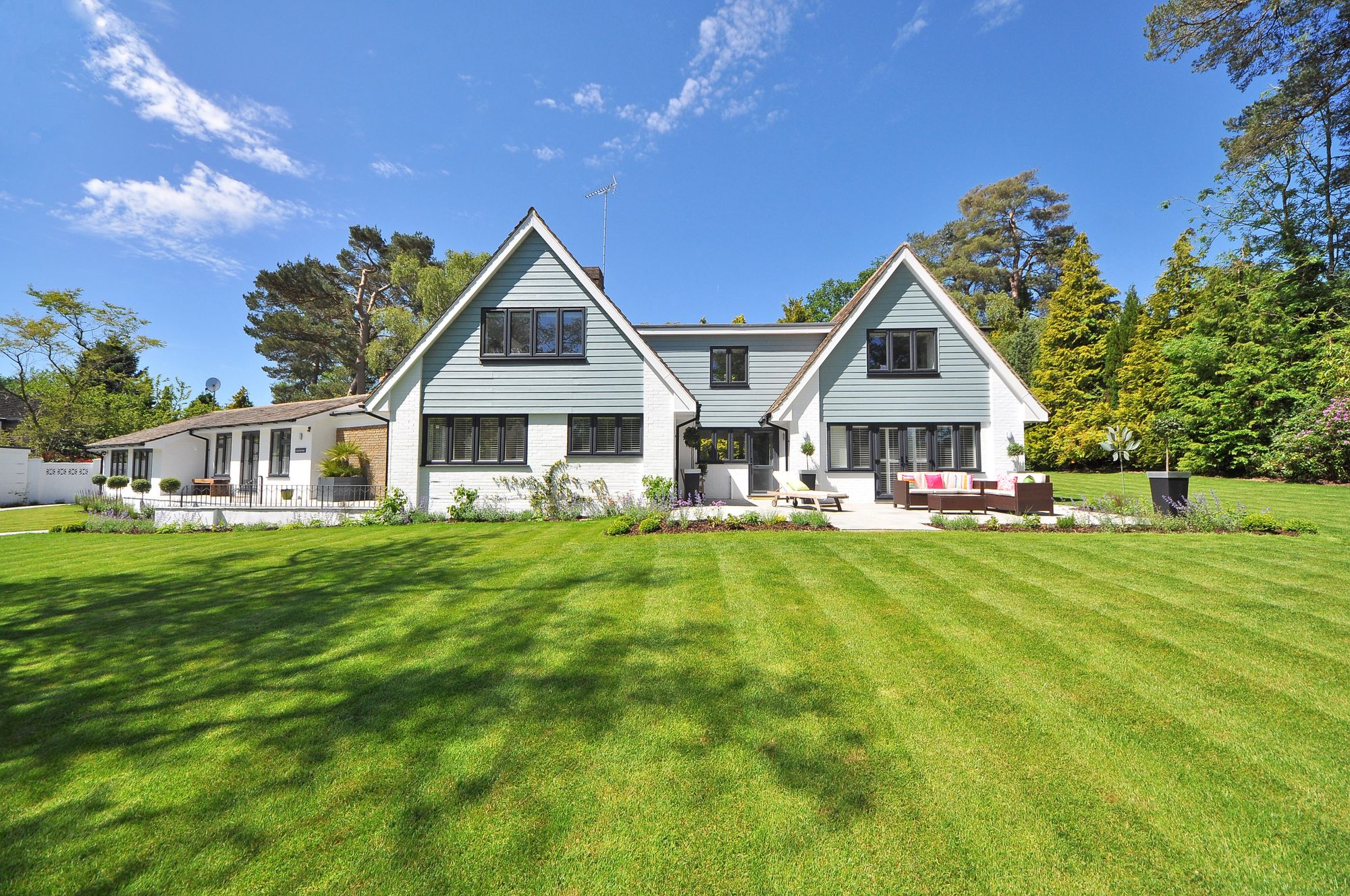 Modern home with manicured front lawn